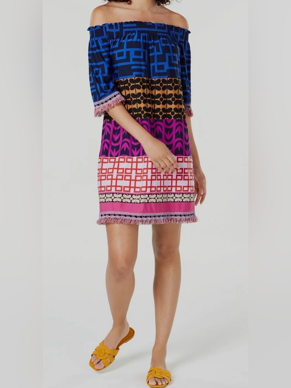 Trina Turk Vibrant Multicolor Off the Shoulder Geometric Shift Dress Fringe Sz S